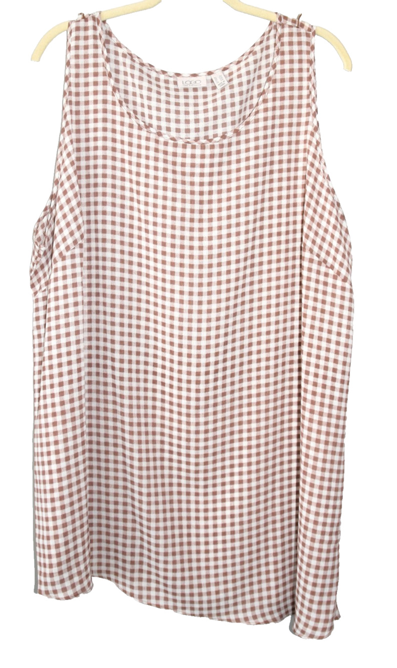 LOGO by Lori Goldstein Brown Gingham Check Assymetrical Hem Chiffon Tank Top 2X